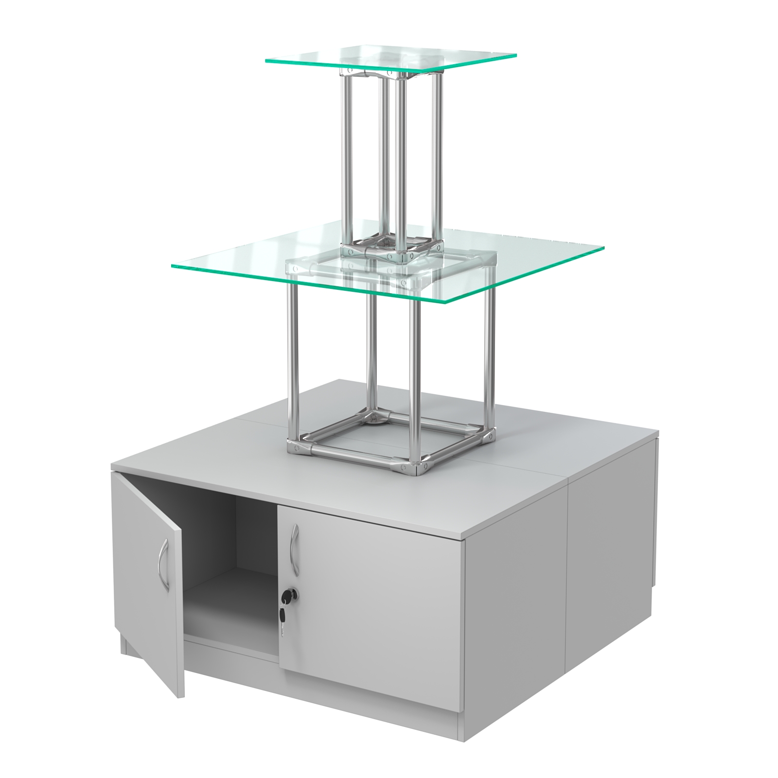 Торговый хромированный остров с тумбами ПИРАМИДА №2 (полки стекло 8мм прозрачное) Серый