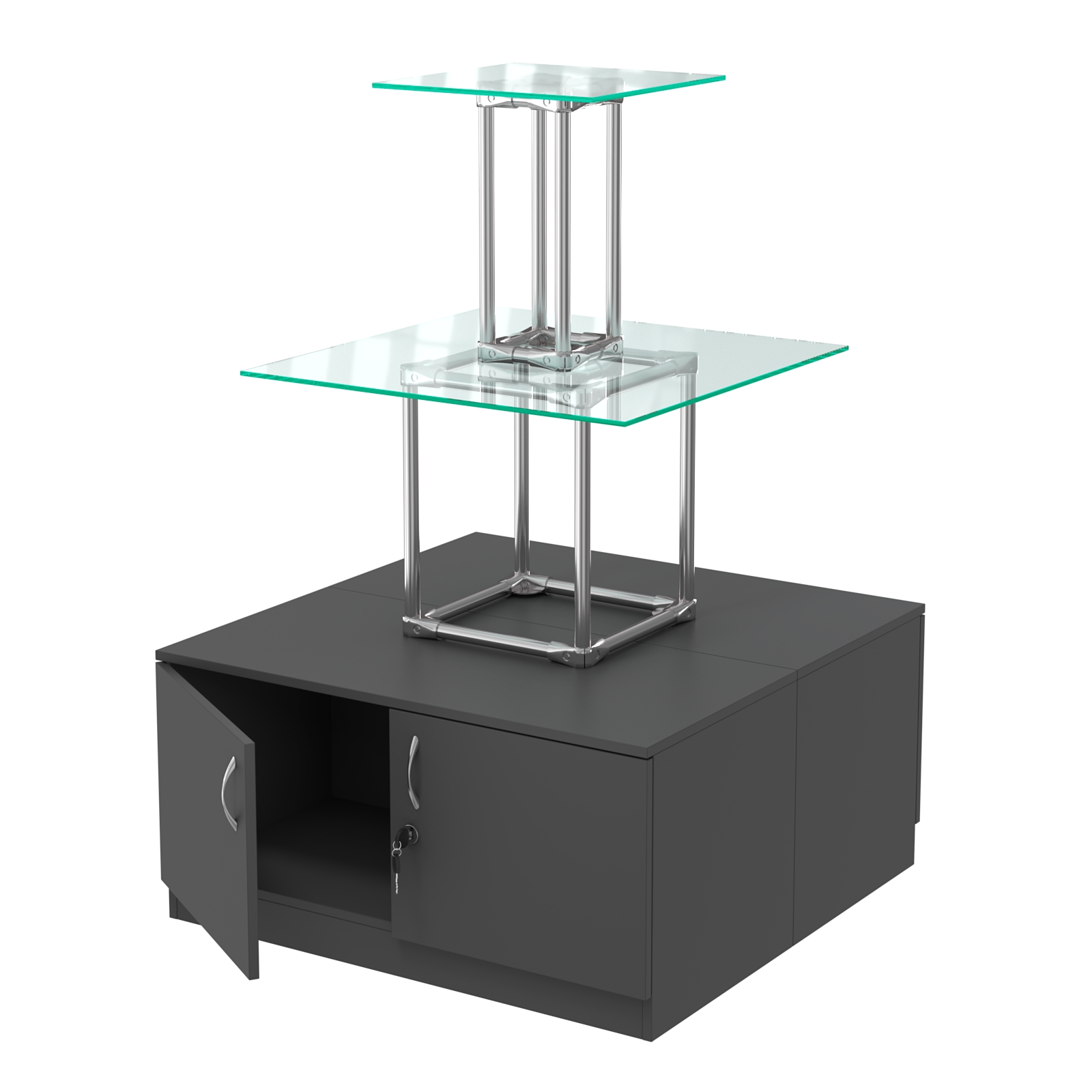 Торговый хромированный остров с тумбами ПИРАМИДА №2 (полки стекло 8мм прозрачное) Черный