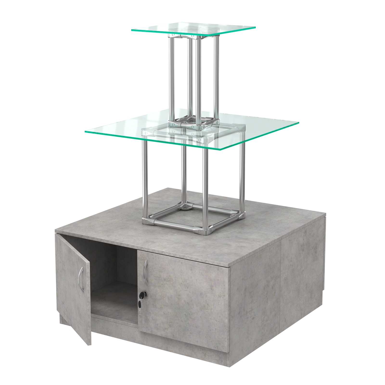 Торговый хромированный остров с тумбами ПИРАМИДА №2 (полки стекло 8мм прозрачное) Бетон Чикаго светло-серый F186 ST9