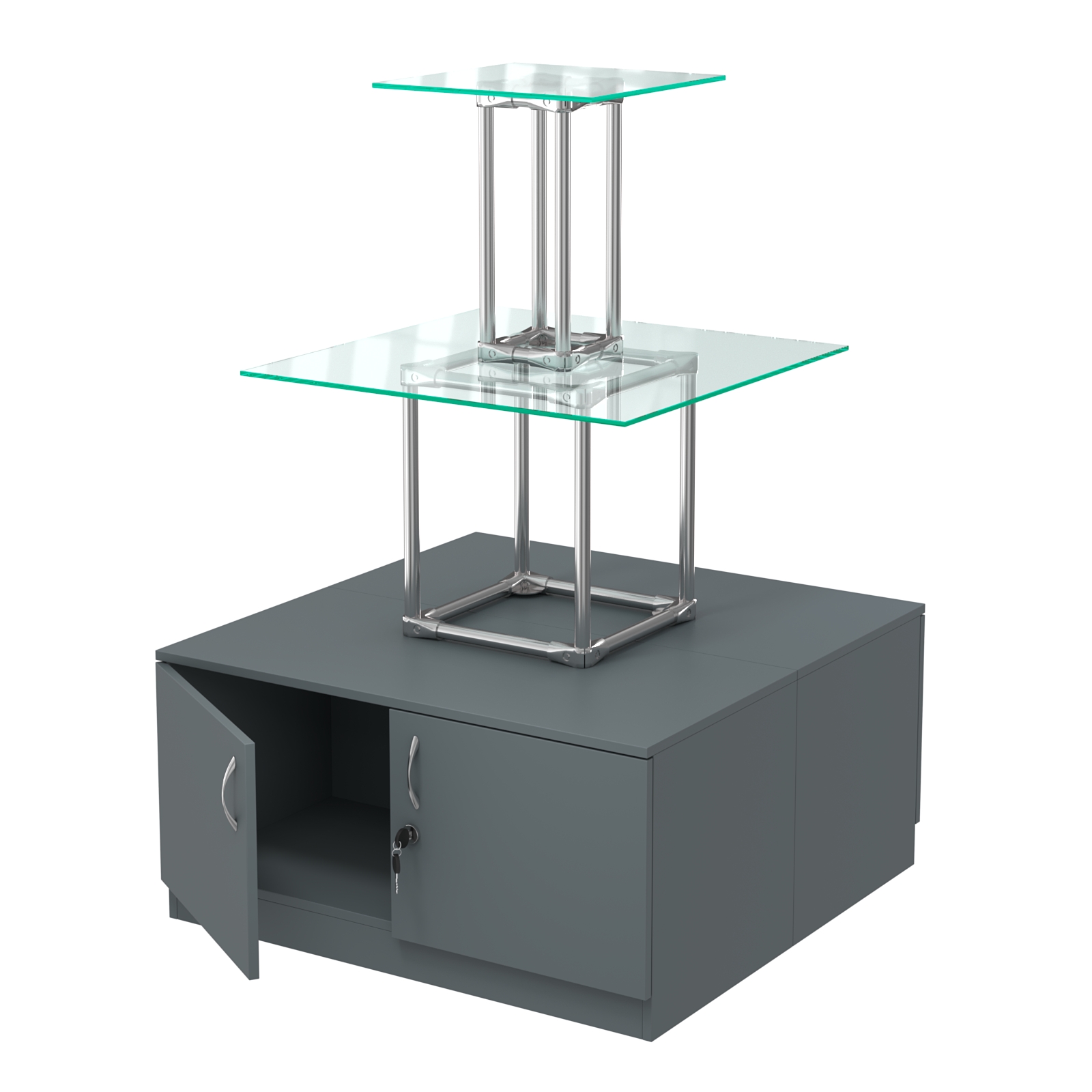 Торговый хромированный остров с тумбами ПИРАМИДА №2 (полки стекло 8мм прозрачное) Темно-Серый