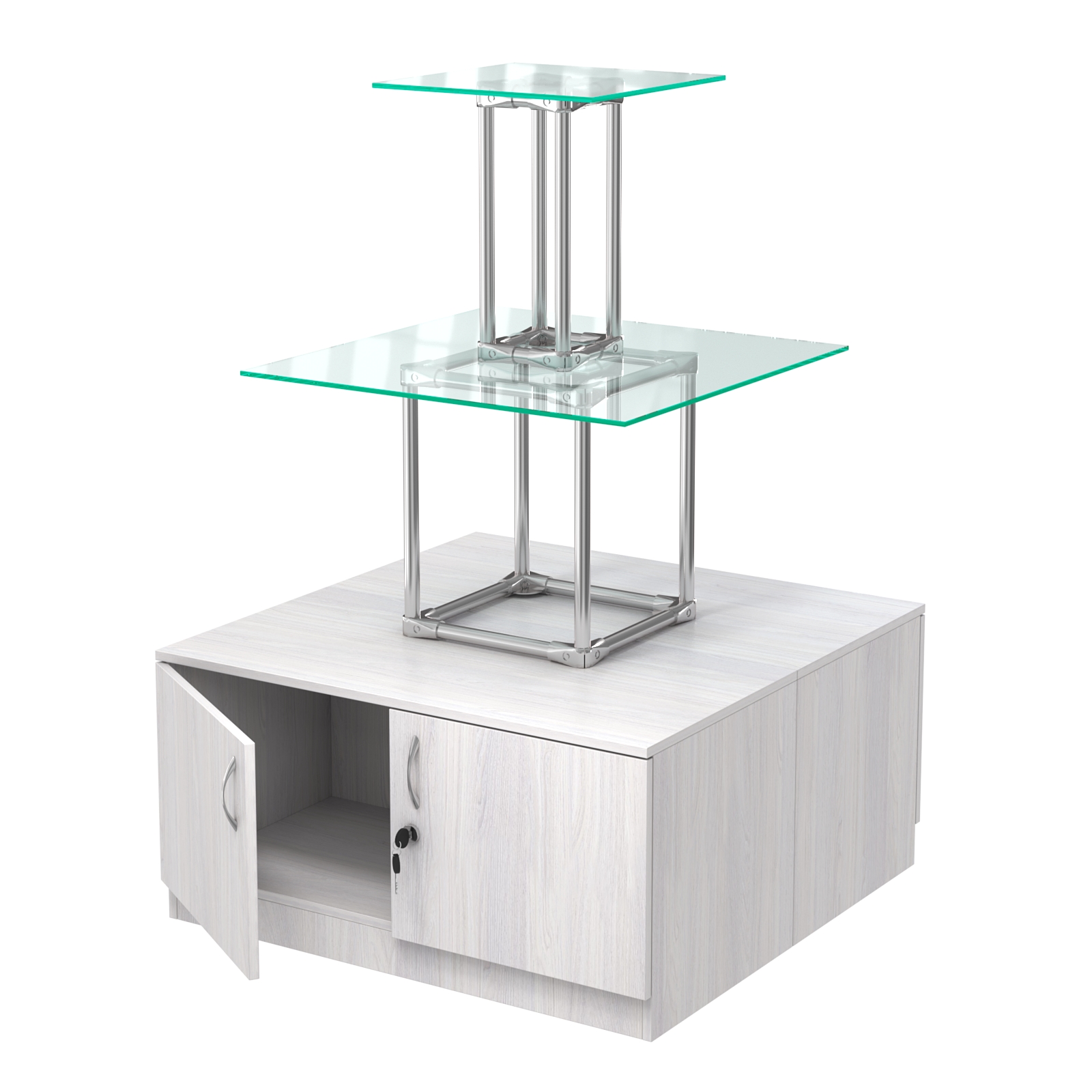 Торговый хромированный остров с тумбами ПИРАМИДА №2 (полки стекло 8мм прозрачное) Ясень Анкор светлый