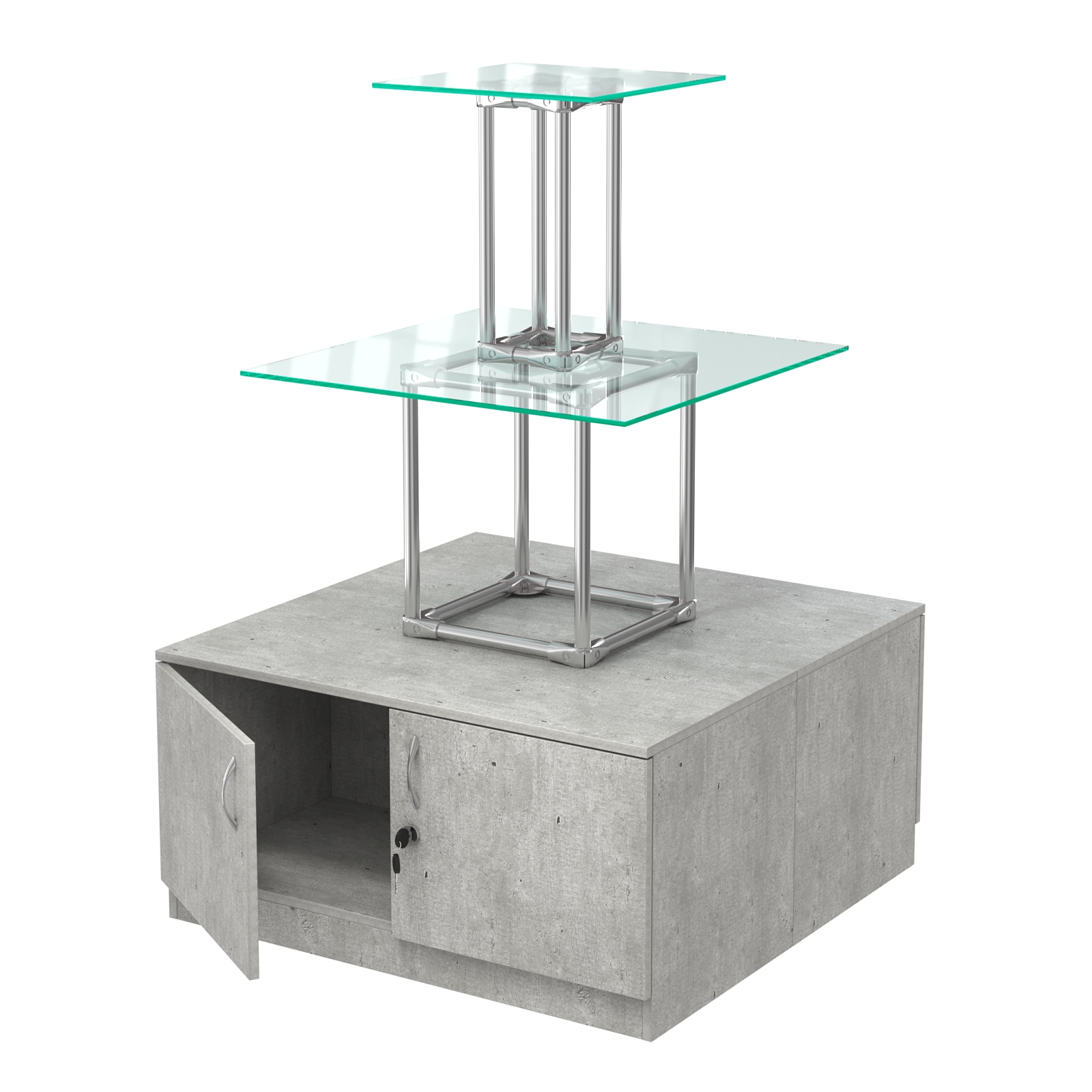 Торговый хромированный остров с тумбами ПИРАМИДА №2 (полки стекло 8мм прозрачное) Метрополитан Грей
