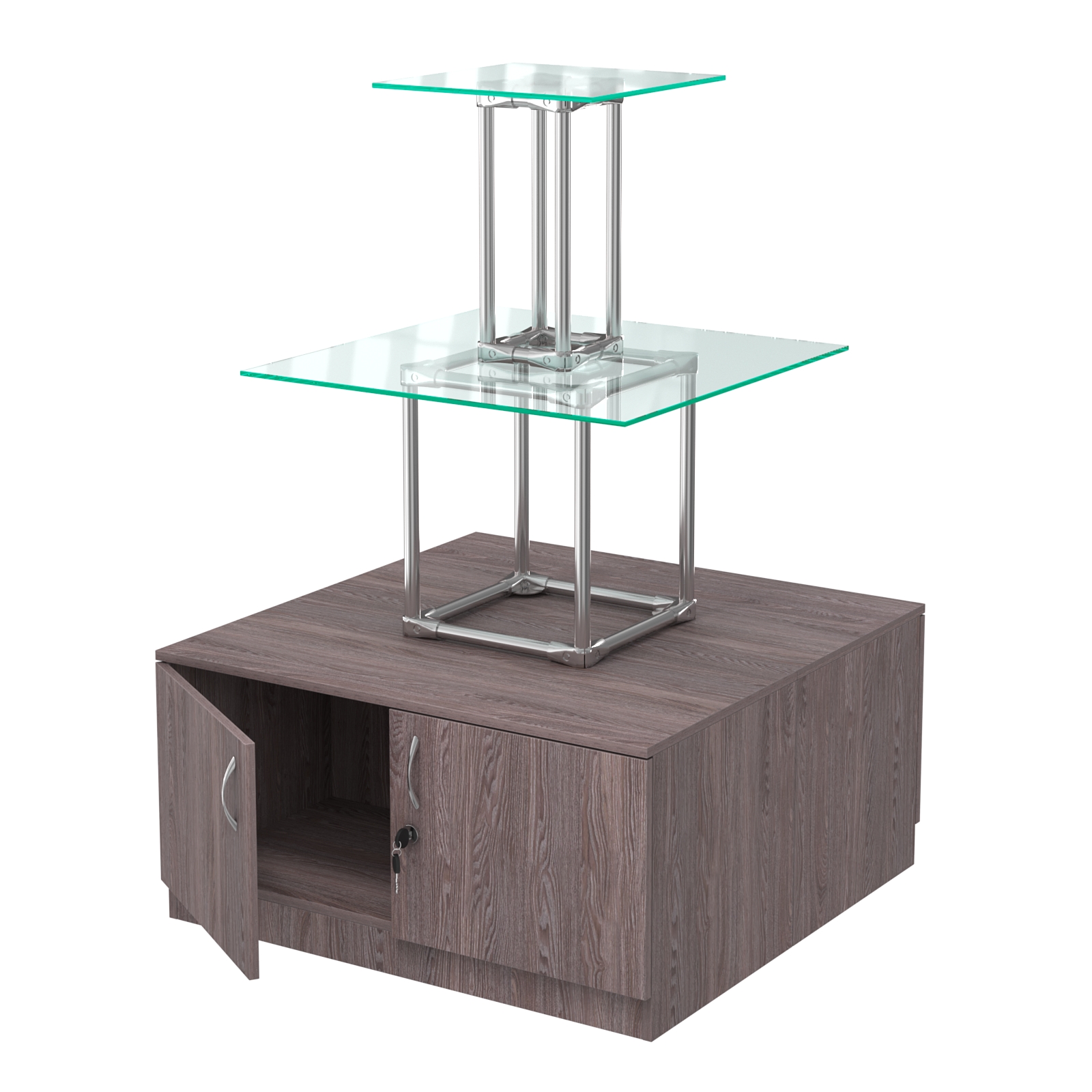 Торговый хромированный остров с тумбами ПИРАМИДА №2 (полки стекло 8мм прозрачное) Ясень Анкор темный
