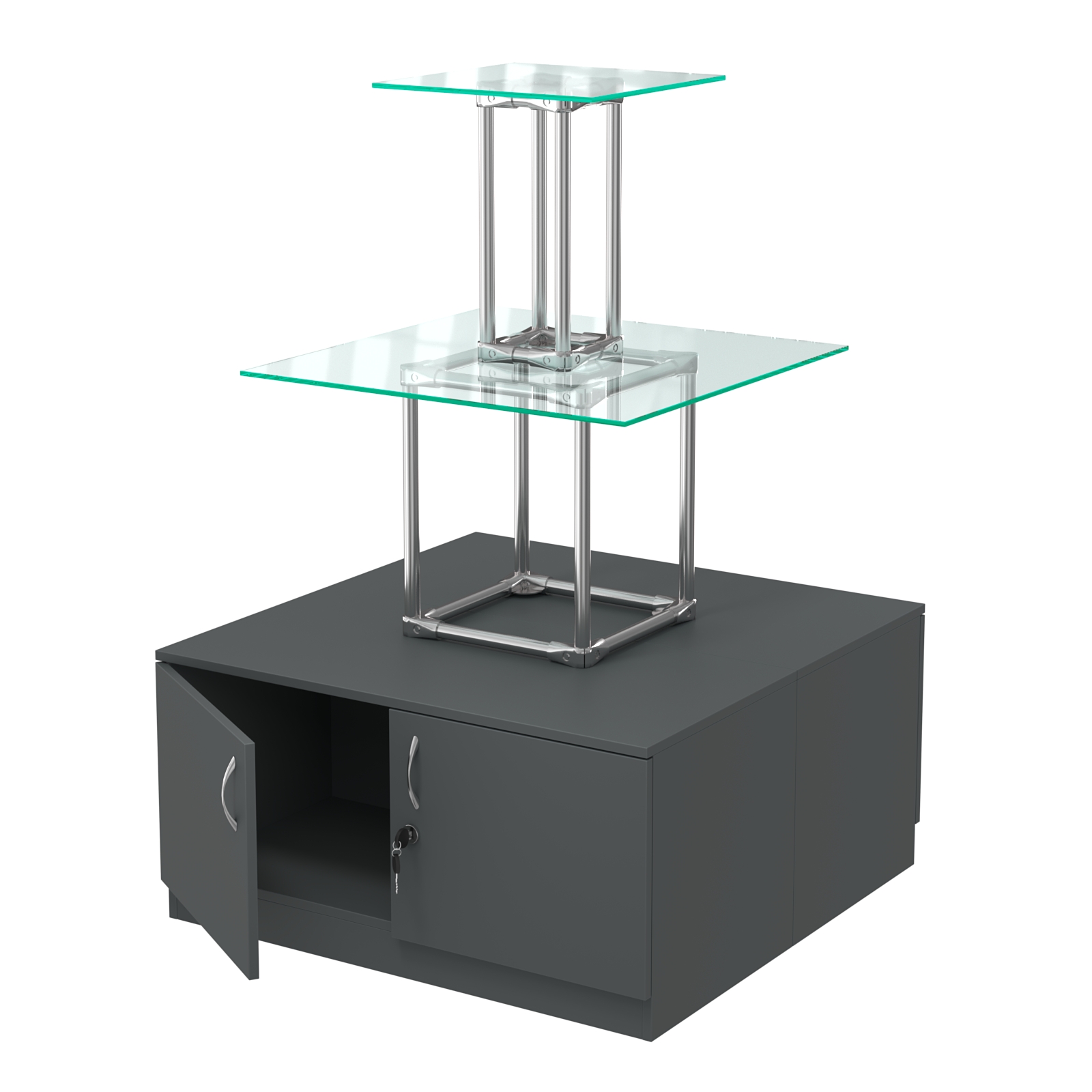 Торговый хромированный остров с тумбами ПИРАМИДА №2 (полки стекло 8мм прозрачное) Антрацит