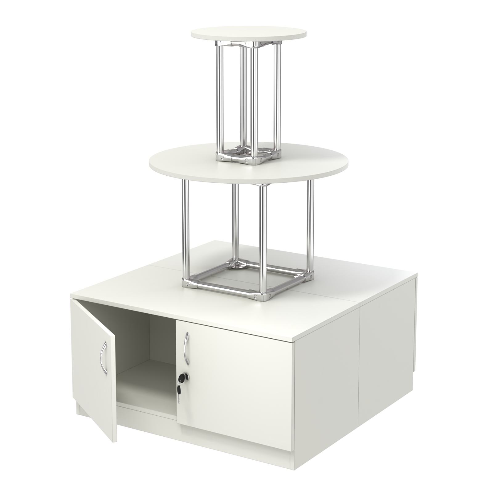 Торговый хромированный остров с тумбами ПИРАМИДА №4 (полки ДСП 16мм) Белый