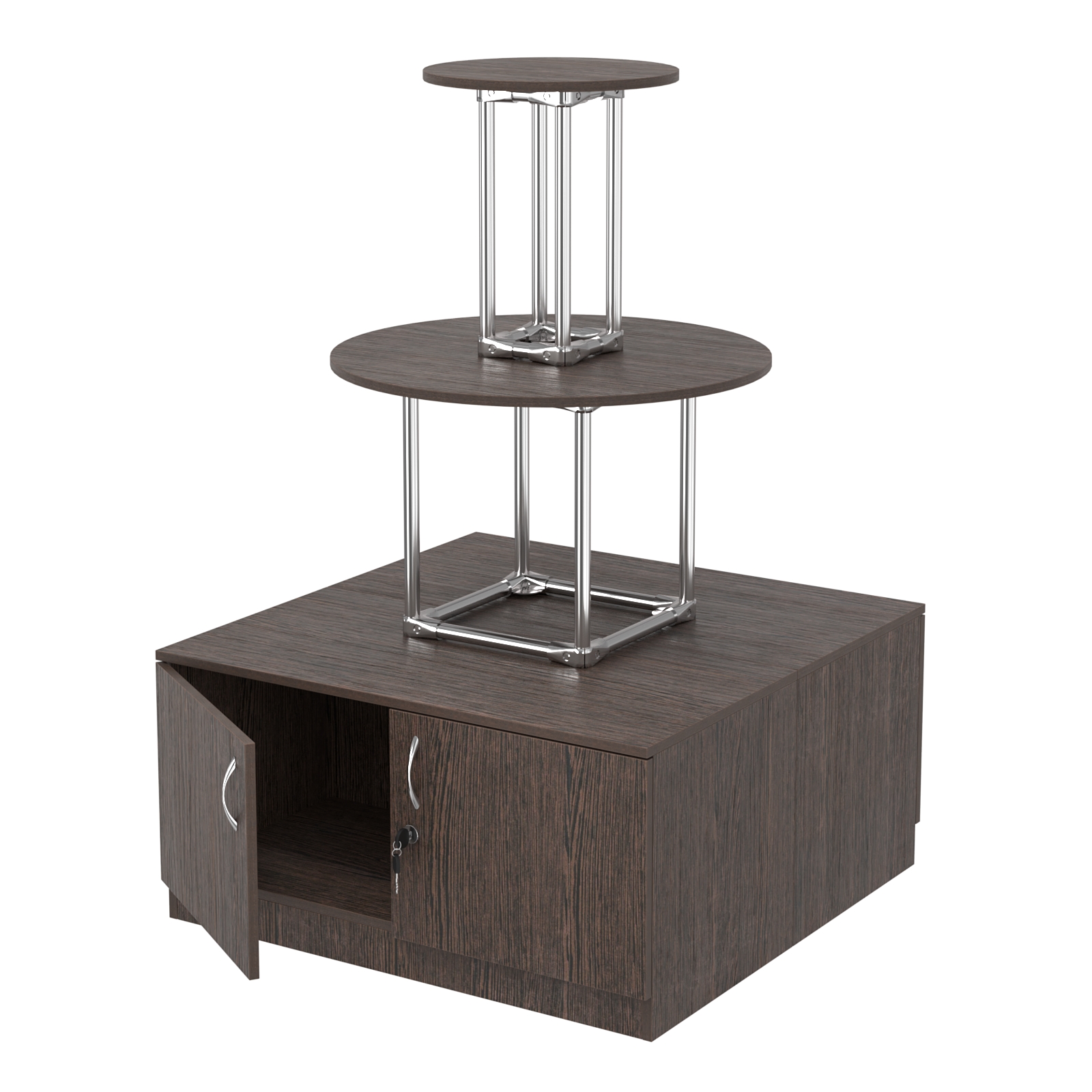 Торговый хромированный остров с тумбами ПИРАМИДА №4 (полки ДСП 16мм) Дуб Венге