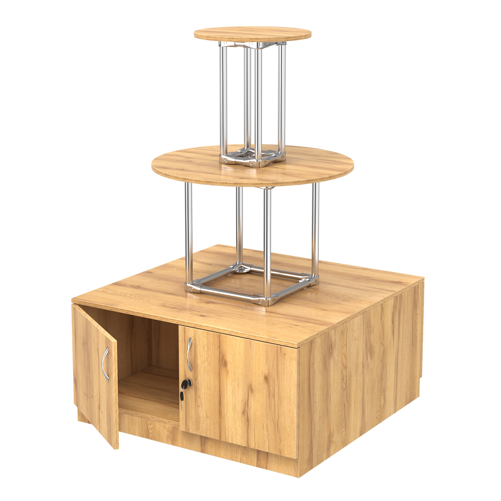 Торговый хромированный остров с тумбами ПИРАМИДА №4 (полки ДСП 16мм) Дуб Золотистый