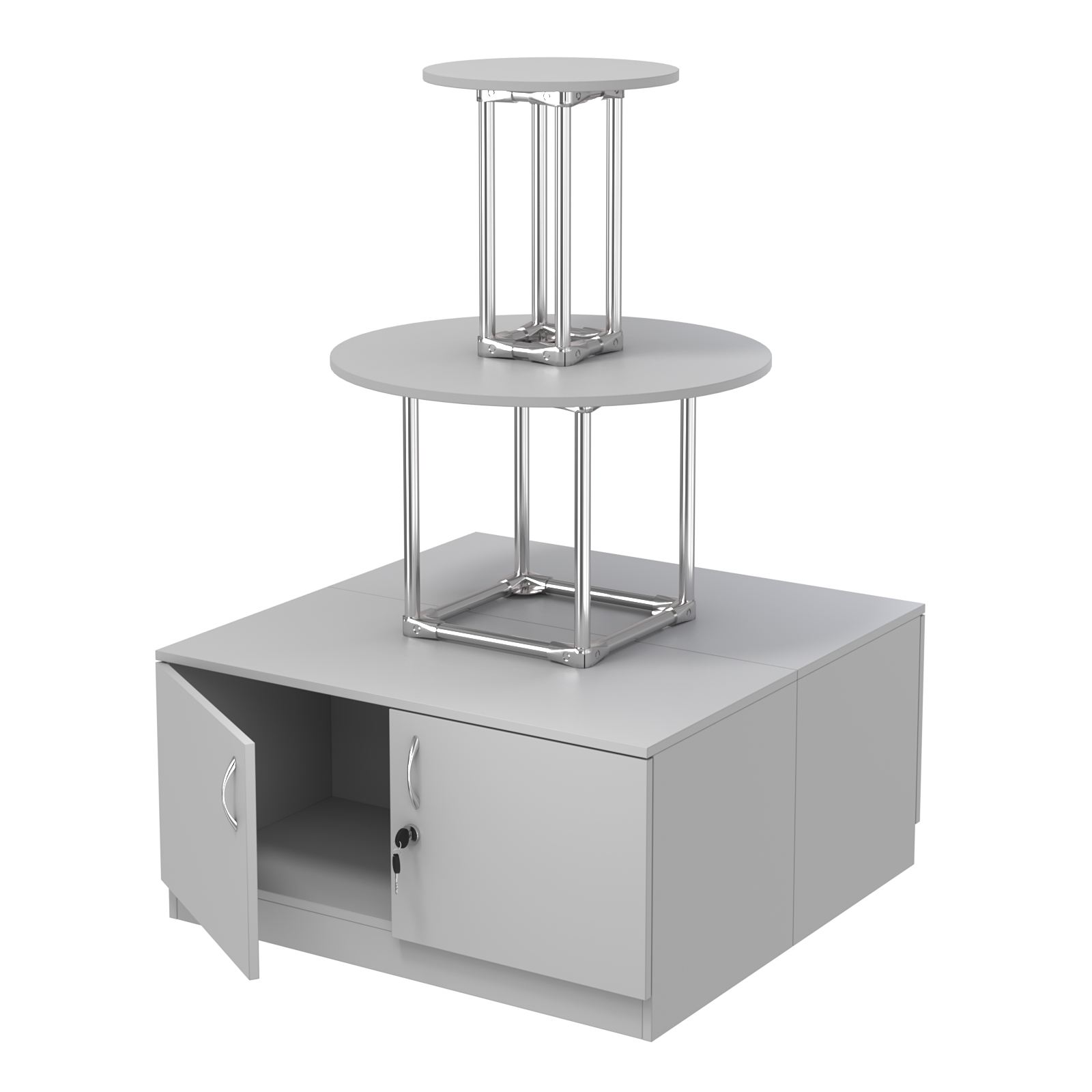 Торговый хромированный остров с тумбами ПИРАМИДА №4 (полки ДСП 16мм) Серый