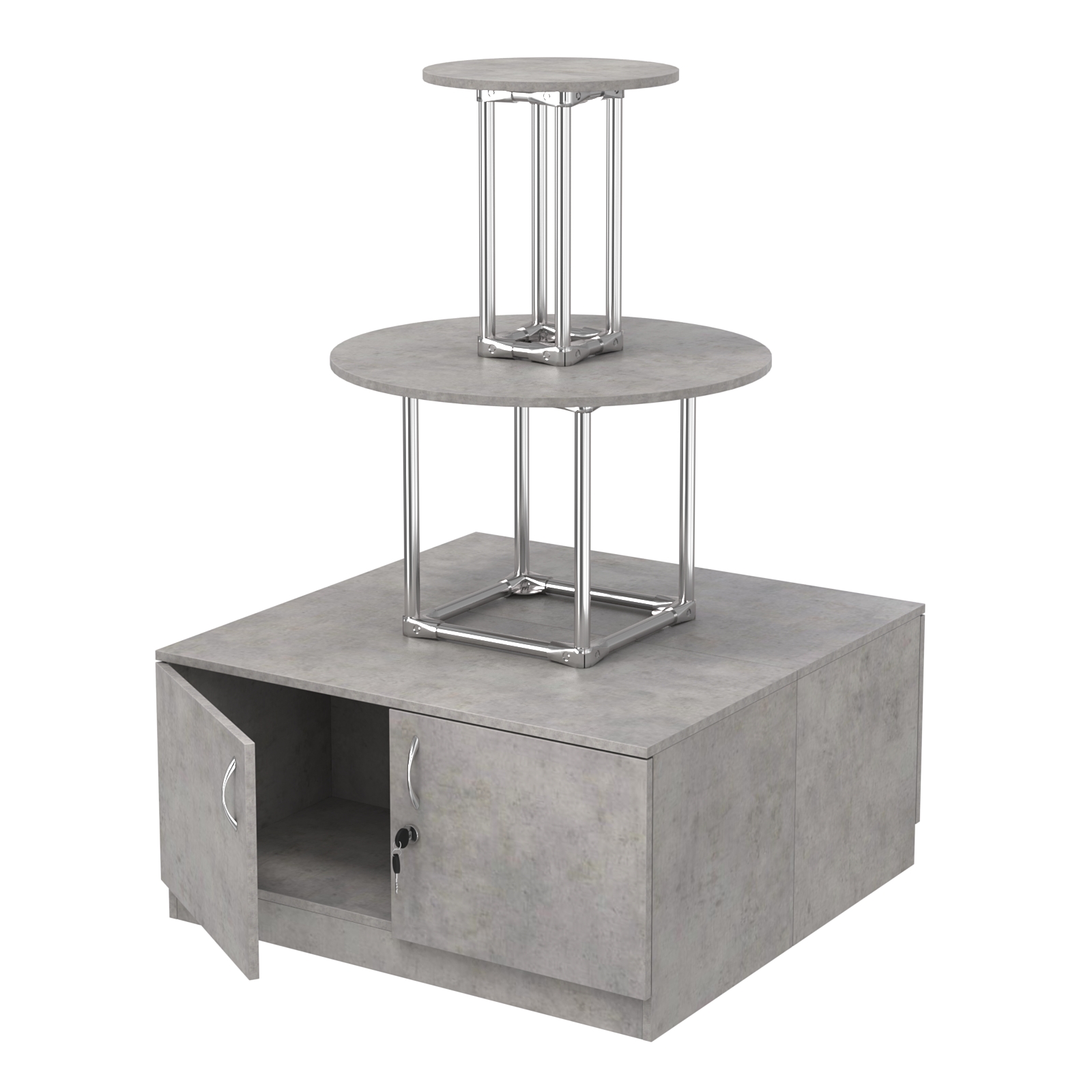 Торговый хромированный остров с тумбами ПИРАМИДА №4 (полки ДСП 16мм) Бетон Чикаго светло-серый F186 ST9