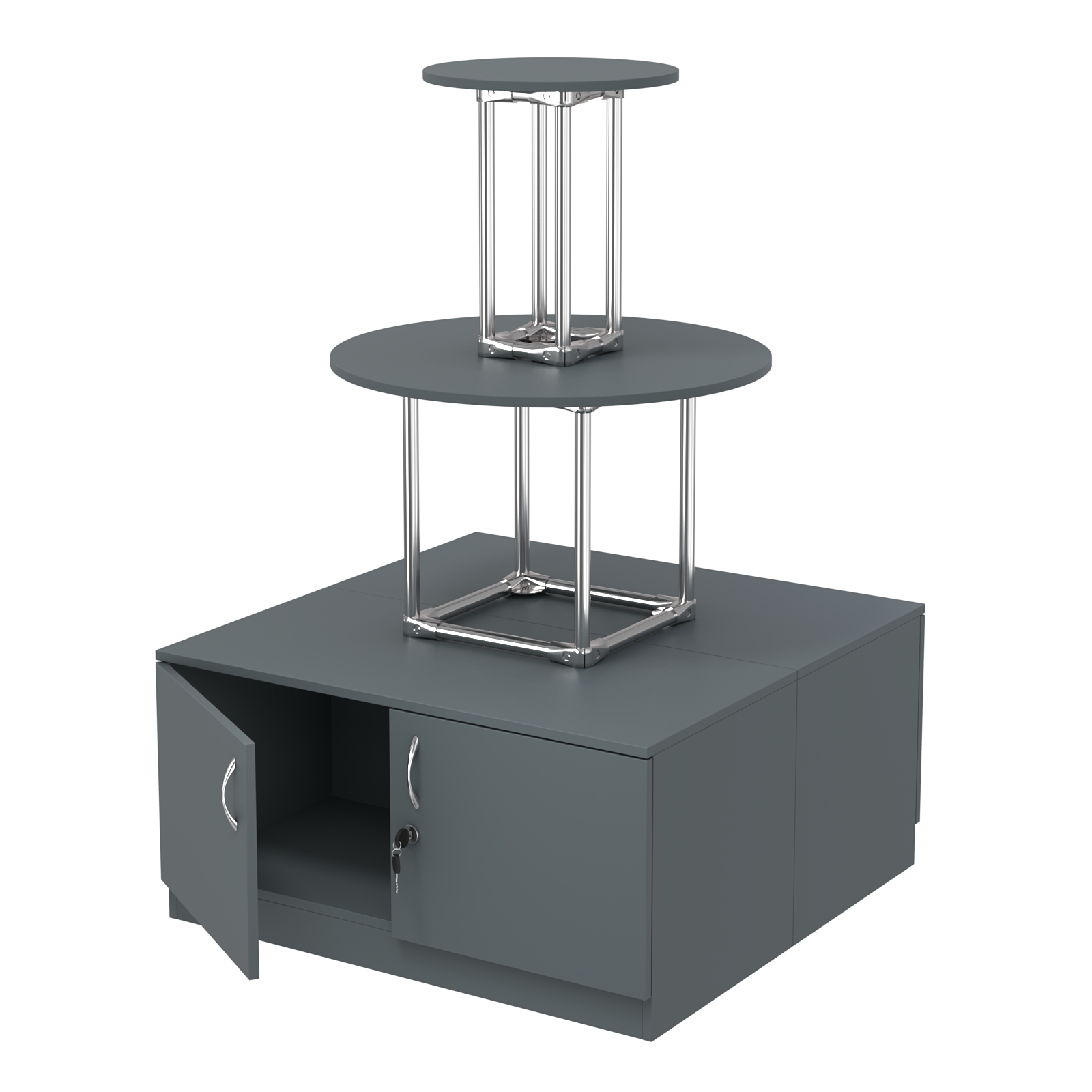 Торговый хромированный остров с тумбами ПИРАМИДА №4 (полки ДСП 16мм) Темно-Серый