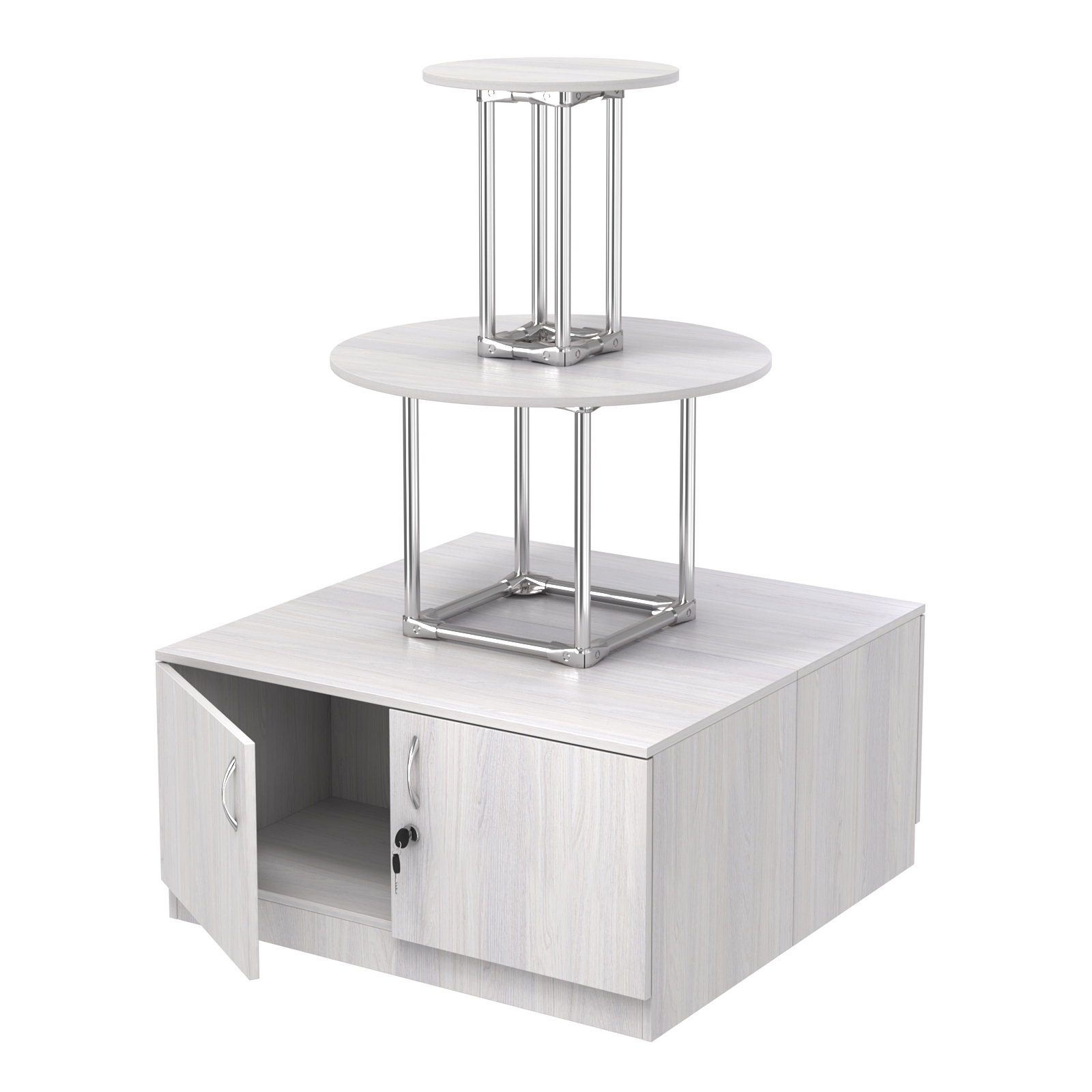 Торговый хромированный остров с тумбами ПИРАМИДА №4 (полки ДСП 16мм) Ясень Анкор светлый