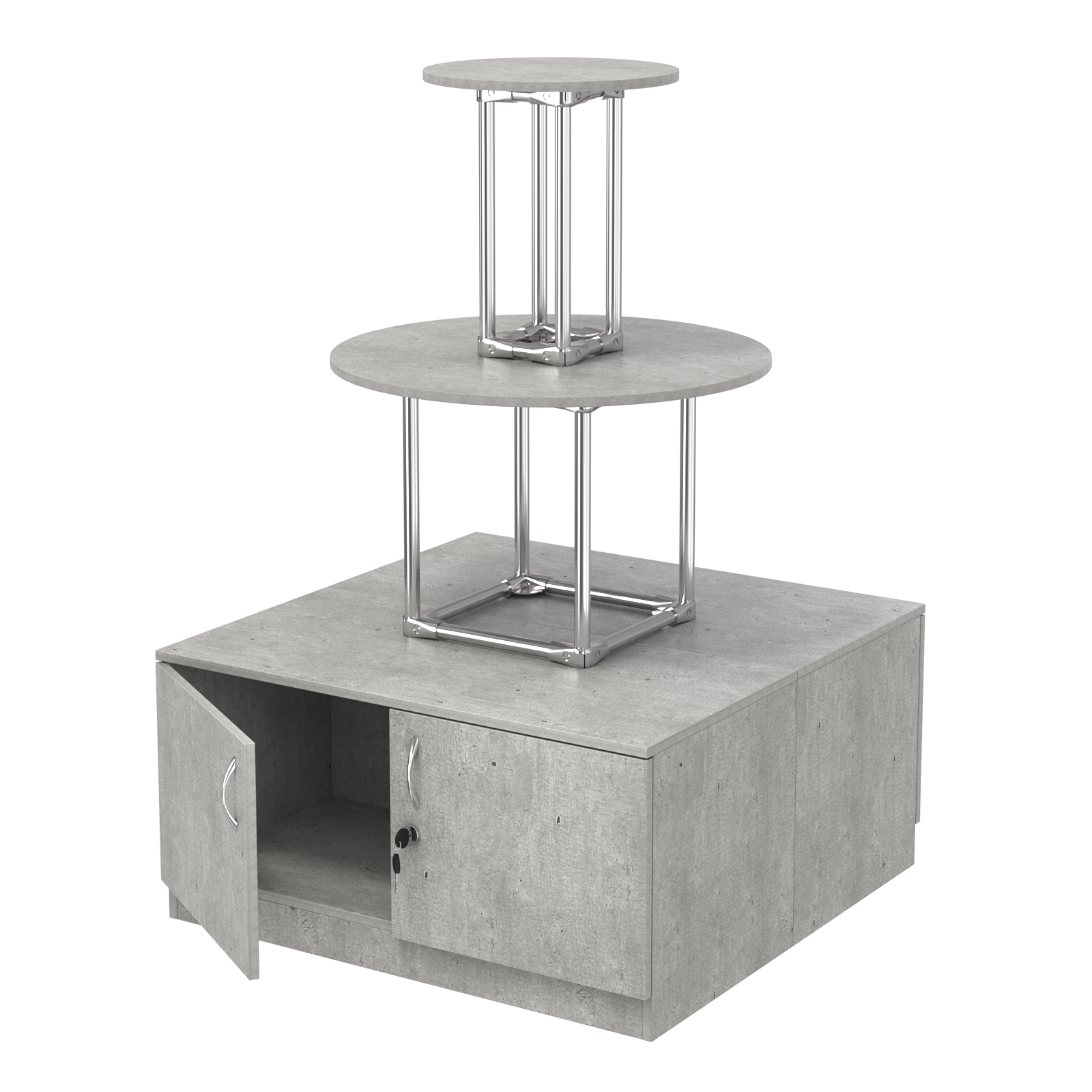 Торговый хромированный остров с тумбами ПИРАМИДА №4 (полки ДСП 16мм) Метрополитан Грей