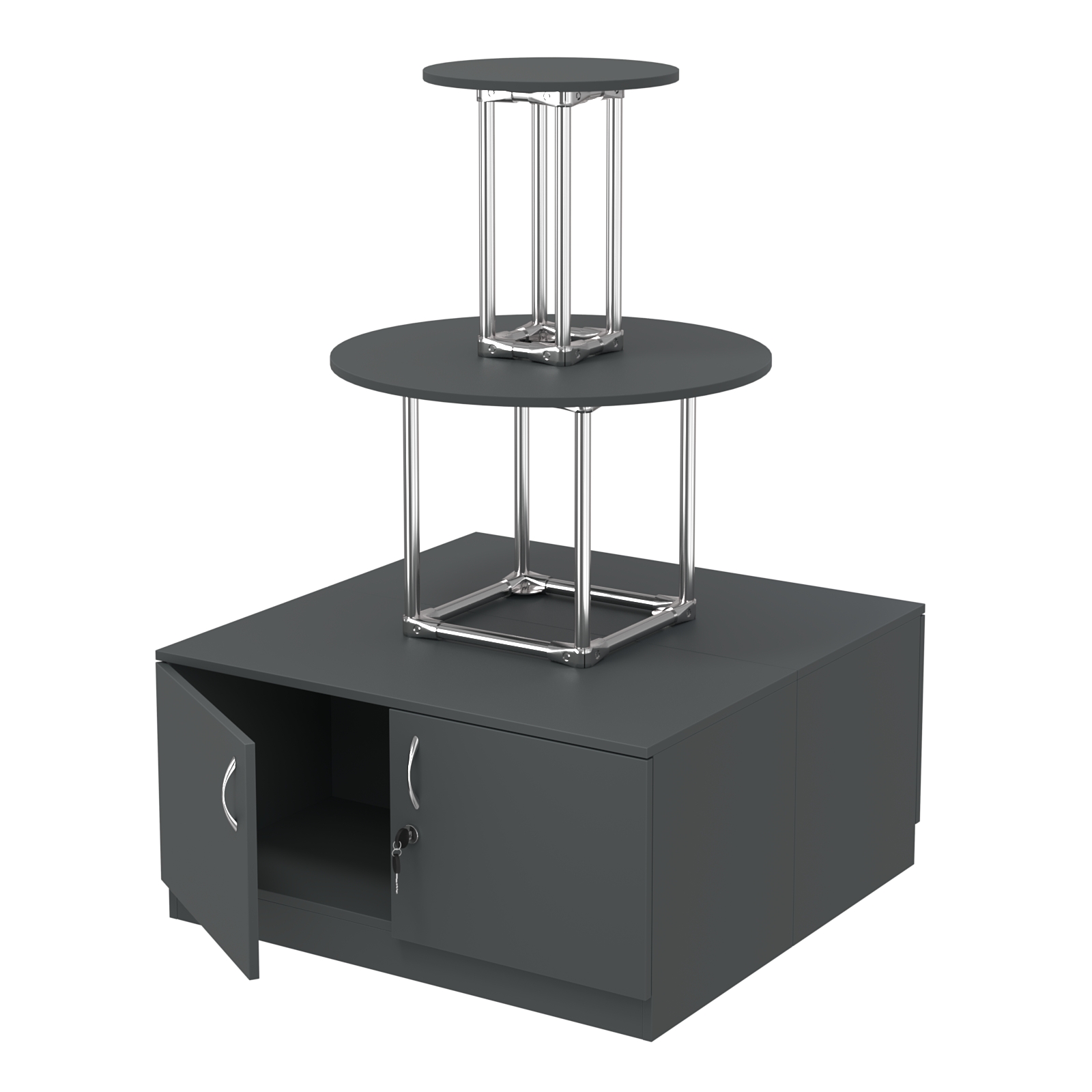 Торговый хромированный остров с тумбами ПИРАМИДА №4 (полки ДСП 16мм) Антрацит