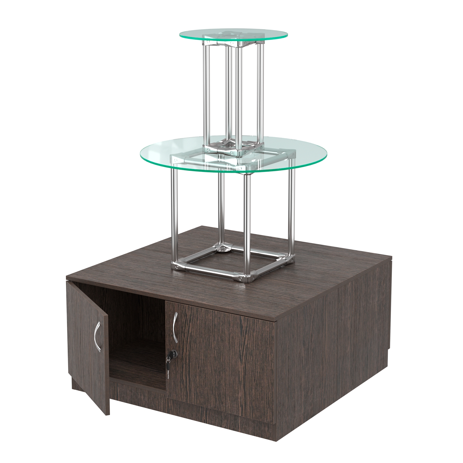 Торговый хромированный остров с тумбами ПИРАМИДА №5 (полки стекло 8мм прозрачное) Дуб Венге