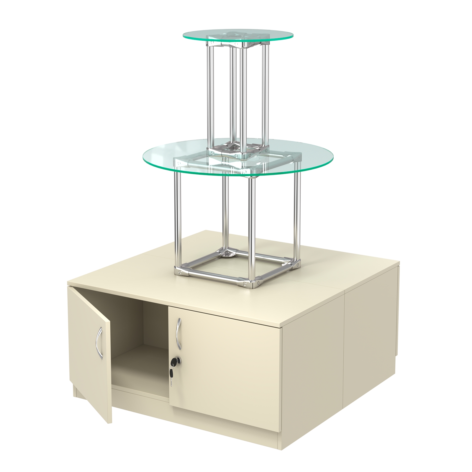 Торговый хромированный остров с тумбами ПИРАМИДА №5 (полки стекло 8мм прозрачное) Крем Вайс