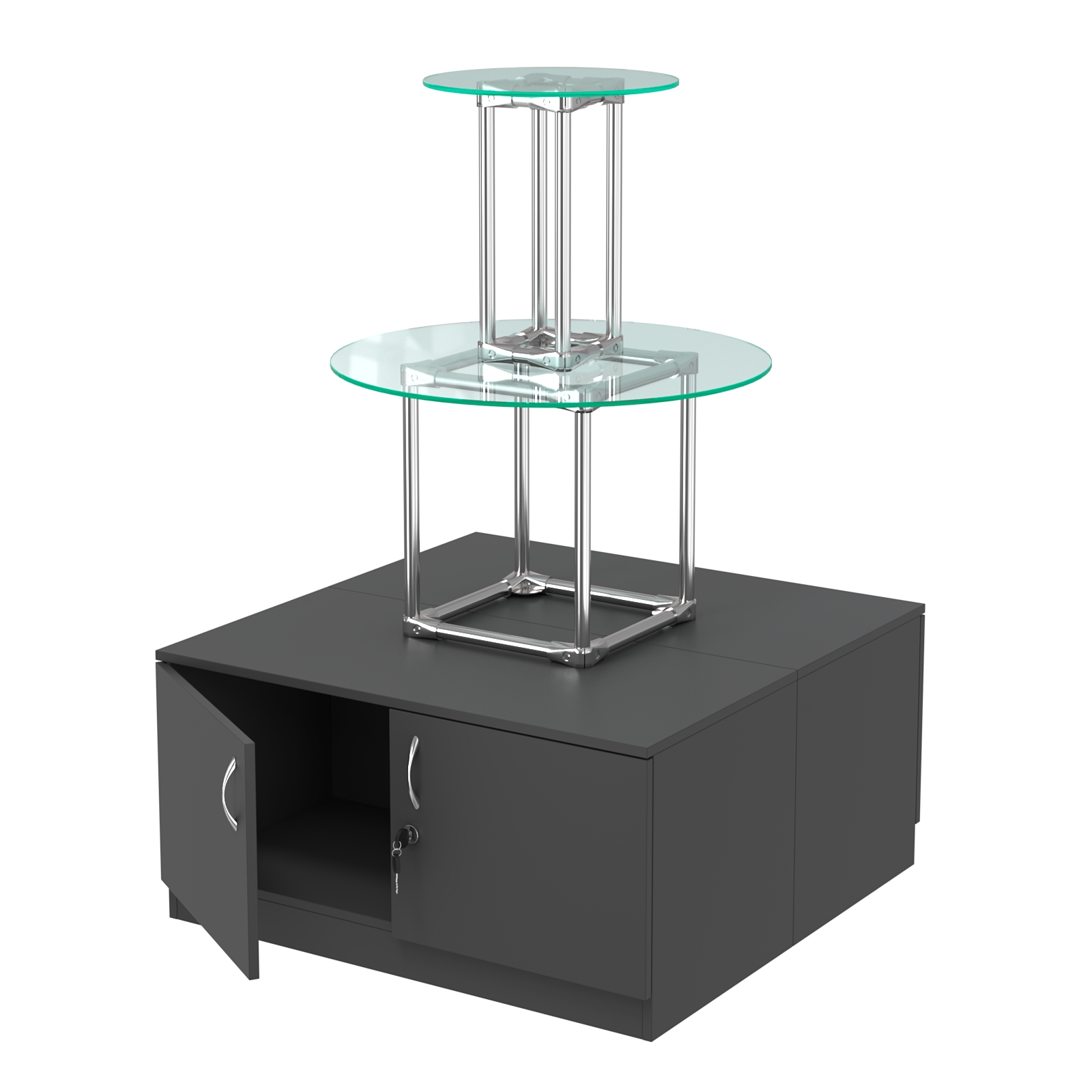 Торговый хромированный остров с тумбами ПИРАМИДА №5 (полки стекло 8мм прозрачное) Черный