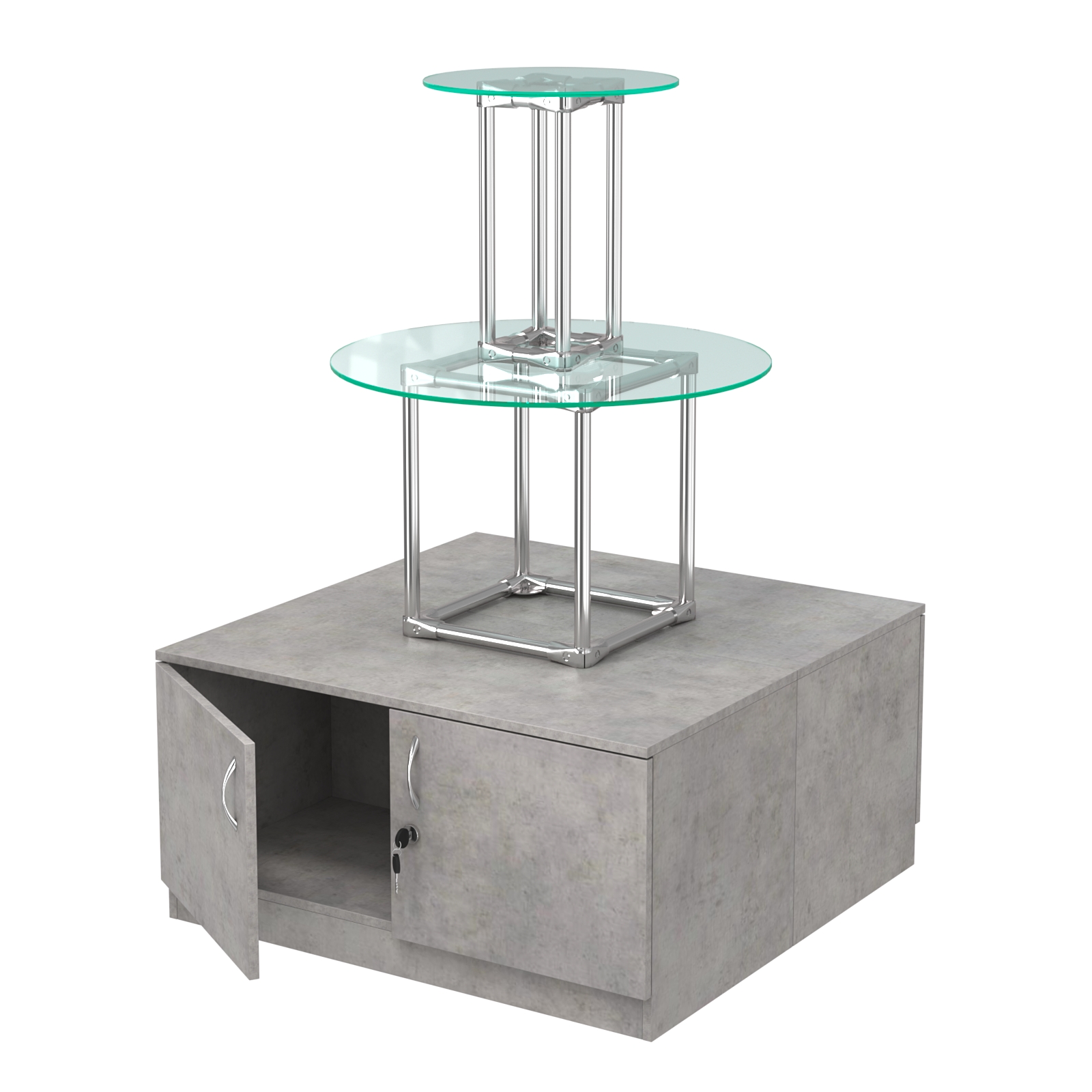 Торговый хромированный остров с тумбами ПИРАМИДА №5 (полки стекло 8мм прозрачное) Бетон Чикаго светло-серый F186 ST9