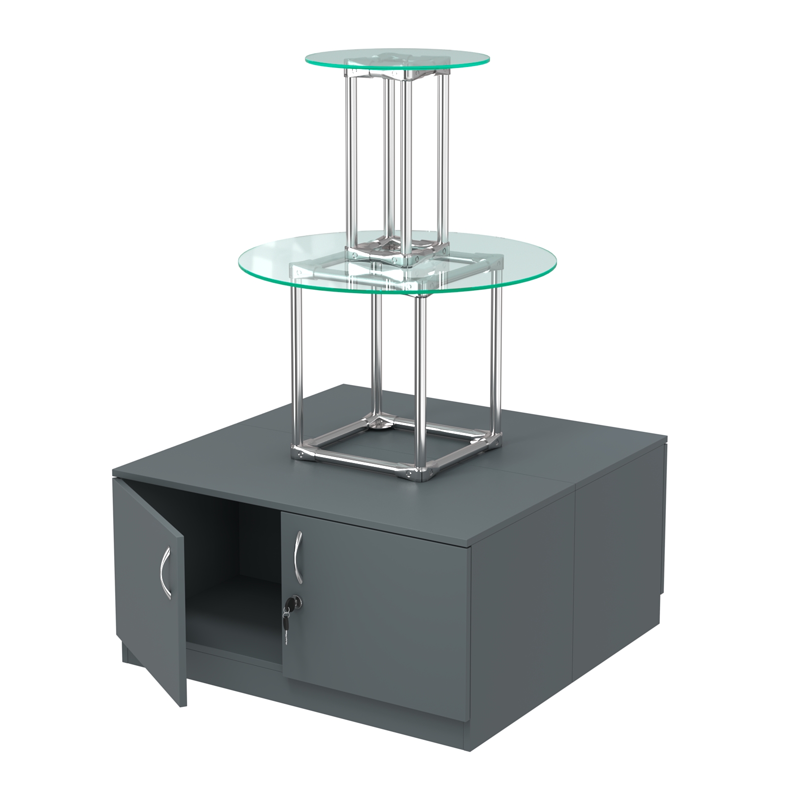 Торговый хромированный остров с тумбами ПИРАМИДА №5 (полки стекло 8мм прозрачное) Темно-Серый