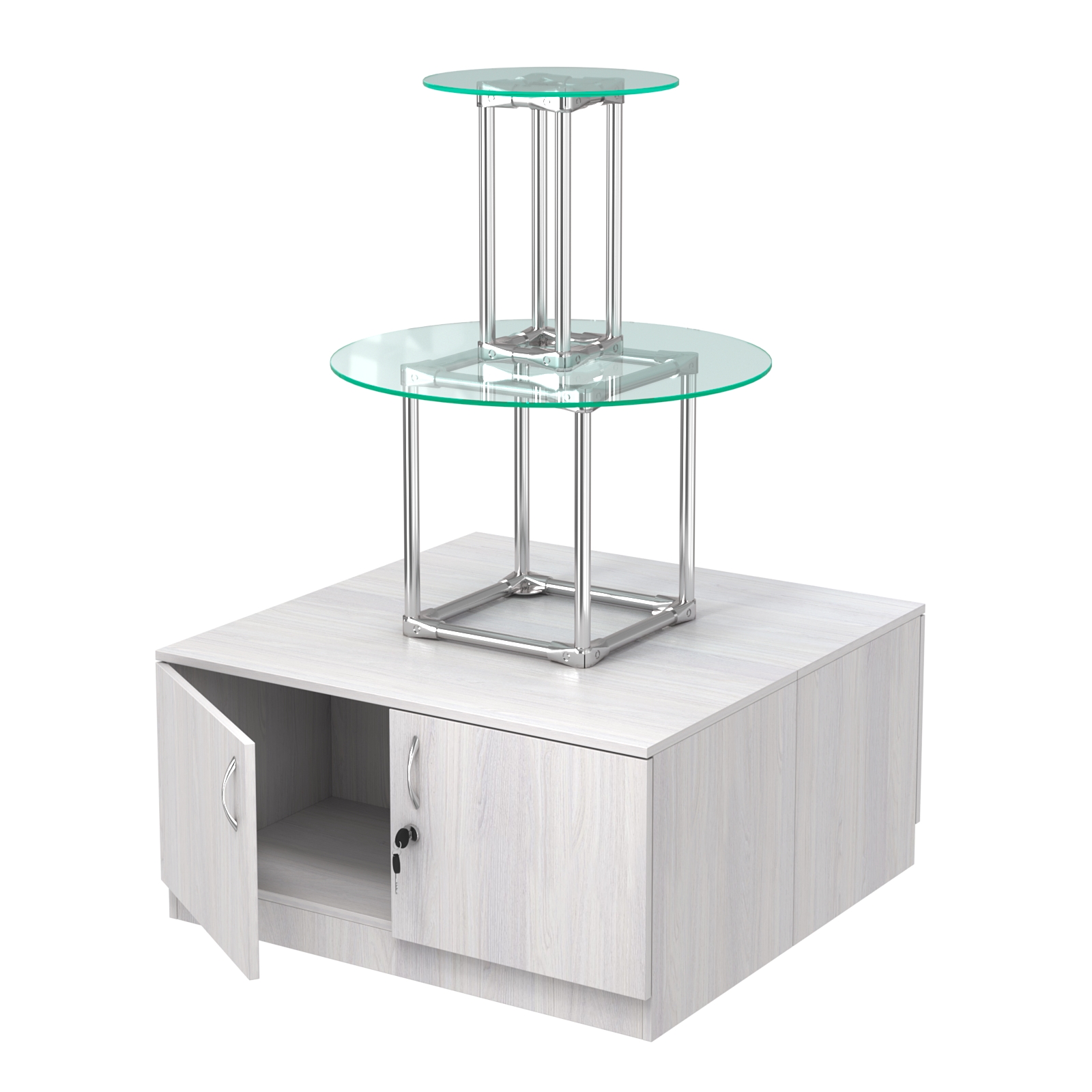 Торговый хромированный остров с тумбами ПИРАМИДА №5 (полки стекло 8мм прозрачное) Ясень Анкор светлый