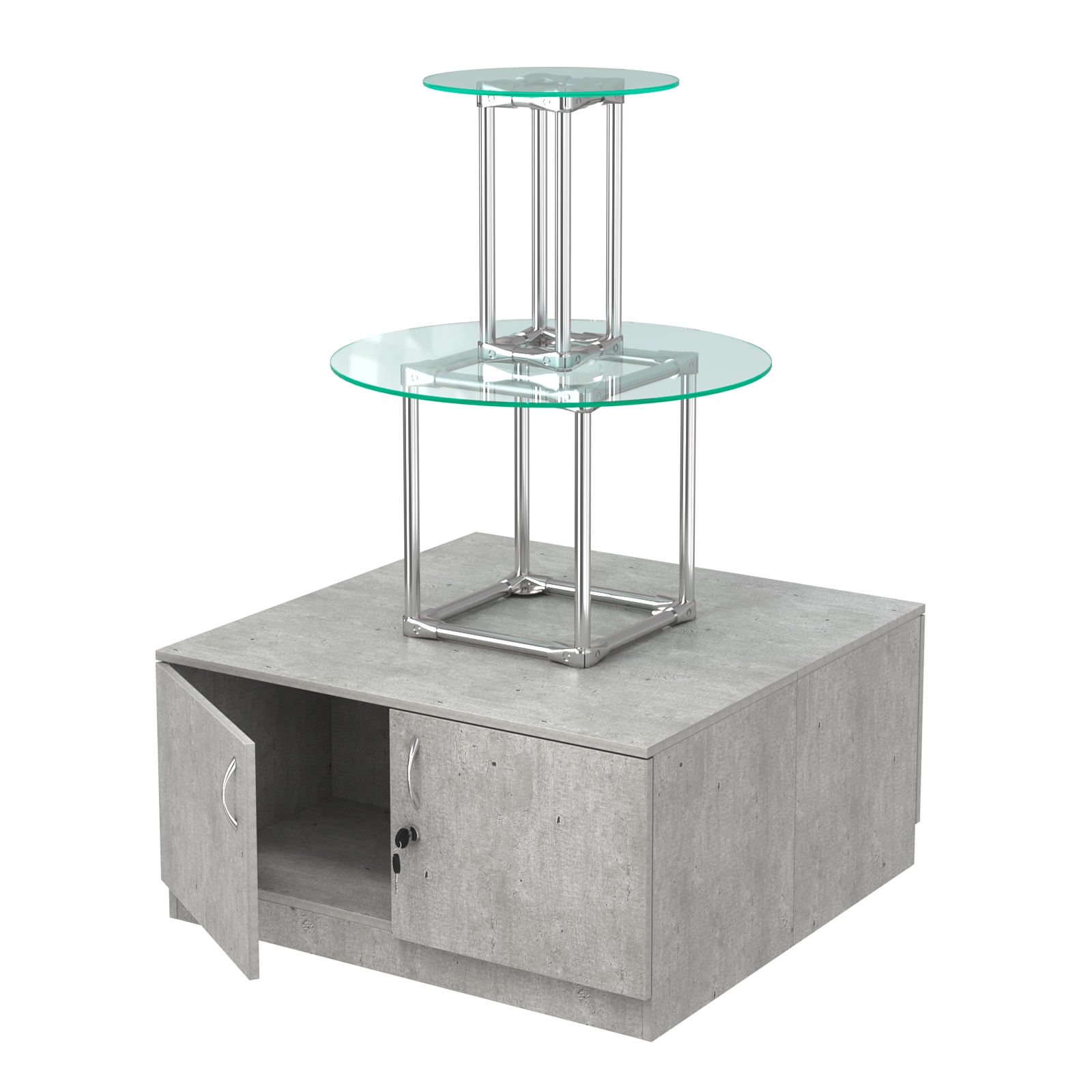 Торговый хромированный остров с тумбами ПИРАМИДА №5 (полки стекло 8мм прозрачное) Метрополитан Грей