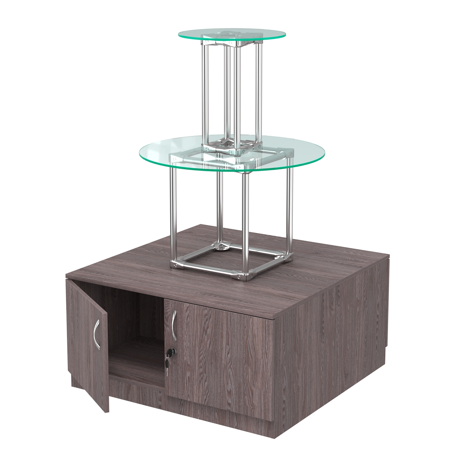 Торговый хромированный остров с тумбами ПИРАМИДА №5 (полки стекло 8мм прозрачное) Ясень Анкор темный