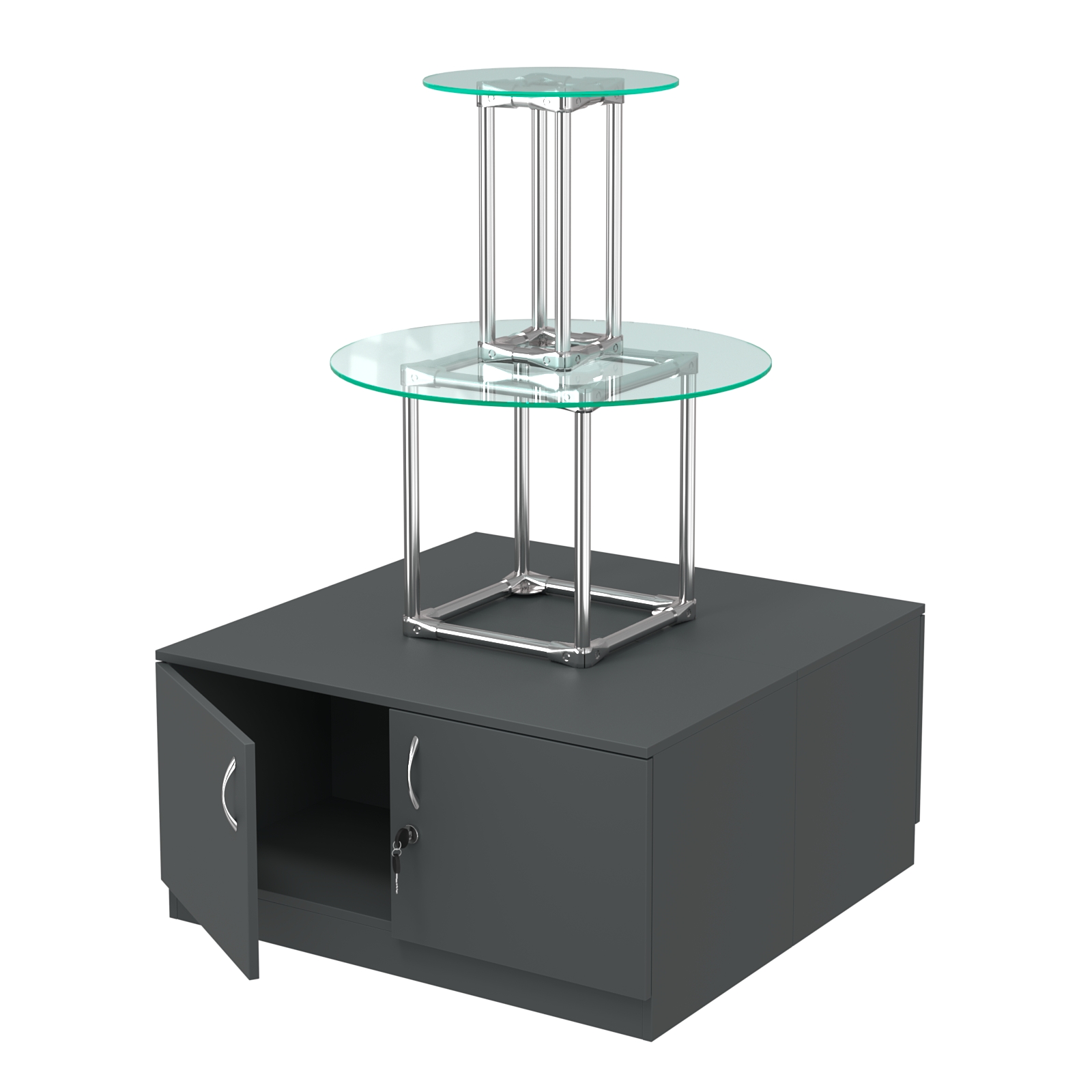 Торговый хромированный остров с тумбами ПИРАМИДА №5 (полки стекло 8мм прозрачное) Антрацит