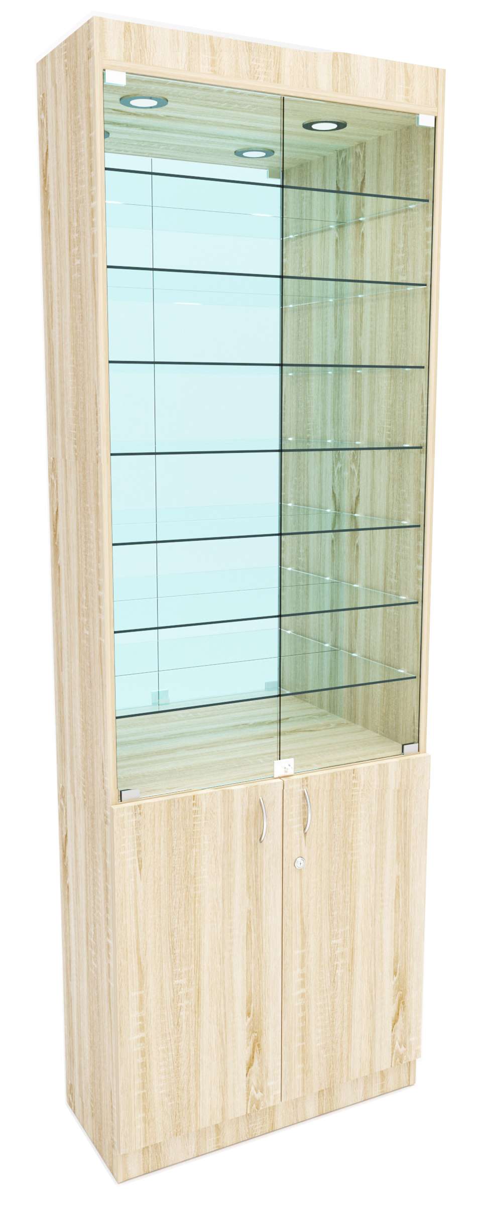 Стеклянная витрина №6-3 с каркасом из ДСП (задняя стенка - зеркало) Дуб сонома