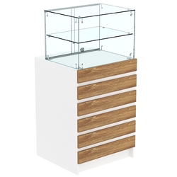 Торговый прилавок со стеклянной надставкой и фасадными панелями №5Э-01, Белый + Дуб Канзас коричневый