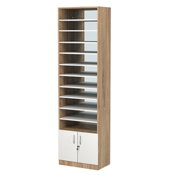 Стеллаж из ДСП с 10-ю полками 350x600 мм серии LEVEL-10 №6-2 (З/C - ЗЕРКАЛО), Дуб Канзас коричневый + Белый