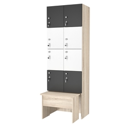 Шкаф для раздевалок с задвижной скамейкой КОМБО-Квартет №2-2, Дуб сонома + Черный + Белый