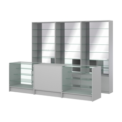 Комплект стеллажей со стеклянными полками U-6 №12-2 и прилавков ЭК-04, Серый