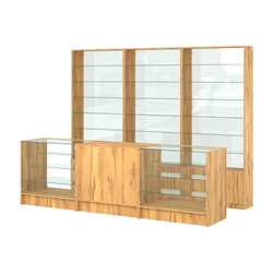 Комплект стеллажей со стеклянными полками U-6 №12-1 и прилавков ЭК-04, Дуб Золотистый