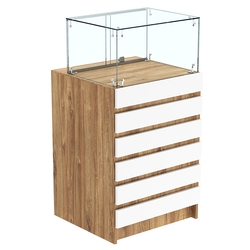 Торговый прилавок с прозрачной витриной и фасадным декором №5Э-14, Дуб Канзас коричневый + Белый