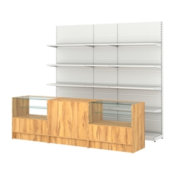 Комплект металлических стеллажей с полками и прилавков ЭК-3, Дуб Золотистый