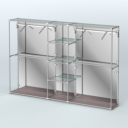 Торговая система ХРОМ (задняя стенка - зеркало) 3030 мм с прозрачными полками и поручнями №12, Ясень Анкор темный