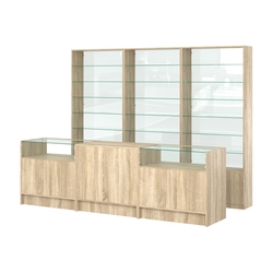 Комплект стеллажей со стеклянными полками U-6 №12-1 и прилавков ЭК-02, Дуб сонома