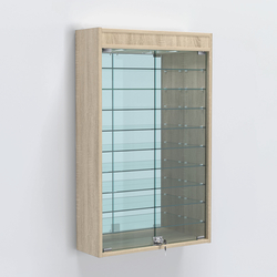 Витрина настенная №202-8А высокая с девятью полками, зеркалом и подсветкой, Дуб Сонома