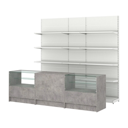 Комплект металлических стеллажей с полками и прилавков ЭК-3, Бетон Чикаго светло-серый F186 ST9