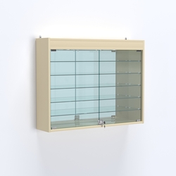 Витрина настенная №203-8А широкая с подсветкой, стеклянными полками и зеркалом, Крем Вайс