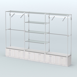 Торговая система ХРОМ без ДСП 3600 мм с тумбами Т15, прозрачными полками и поручнями №6, Ясень Анкор светлый