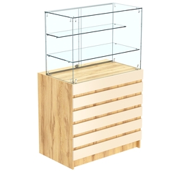 Торговый прилавок с двумя стеклянными полками и фасадными панелями №1Э-02, Дуб Золотистый и Крем Вайс