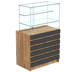 Торговый прилавок с двумя стеклянными полками и фасадными панелями №1Э-02, Дуб Канзас коричневый + Черный