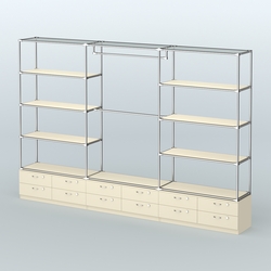 Торговая система ХРОМ без ДСП 3600 мм с тумбами Т14, полками ДСП и поручнями №1, Крем Вайс