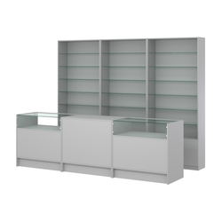 Комплект стеллажей со стеклянными полками U-6 №12 и прилавков ЭК-02, Серый