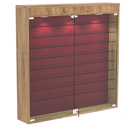 Настенная витрина с бархатом серии БАРОН №4-4А (девять полок), Дуб канзас коричневый + 07 Red