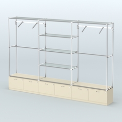 Торговая система ХРОМ без ДСП 3600 мм с тумбами Т15, прозрачными полками и поручнями №6, Крем Вайс