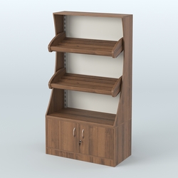 Стеллаж низкий пристенный с деревянными полками для хлебной лавки ХЛ-2, Орех + Белый