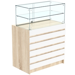 Торговый прилавок со стеклянной надставкой и фасадными панелями №1Э-01, Дуб Сонома + Белый