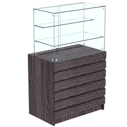 Торговый прилавок с двумя стеклянными полками и фасадными панелями №1Э-02, Ясень Анкор темный - U31105