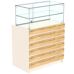 Торговый прилавок со стеклянной надставкой и фасадными панелями №1Э-01, Крем Вайс и Дуб Золотистый